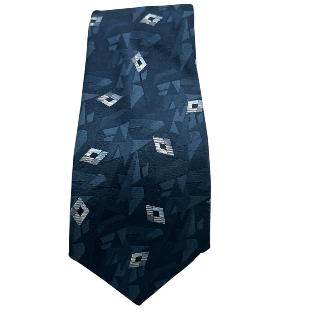 Don Loper Beverly Hills Mens Tie‎ Navy Blue Geometric Abstract Wide Silk Blend